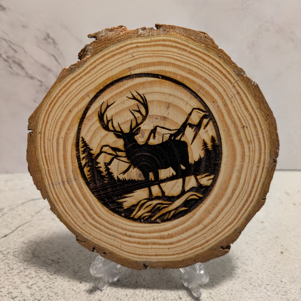 Rustic Wood Slice with Deer Engraving